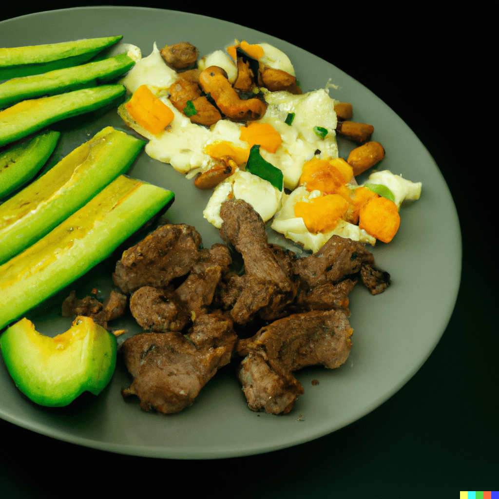 Plato de comida keto con carne, verduras y aguacate, ejemplificando los alimentos permitidos en la dieta keto