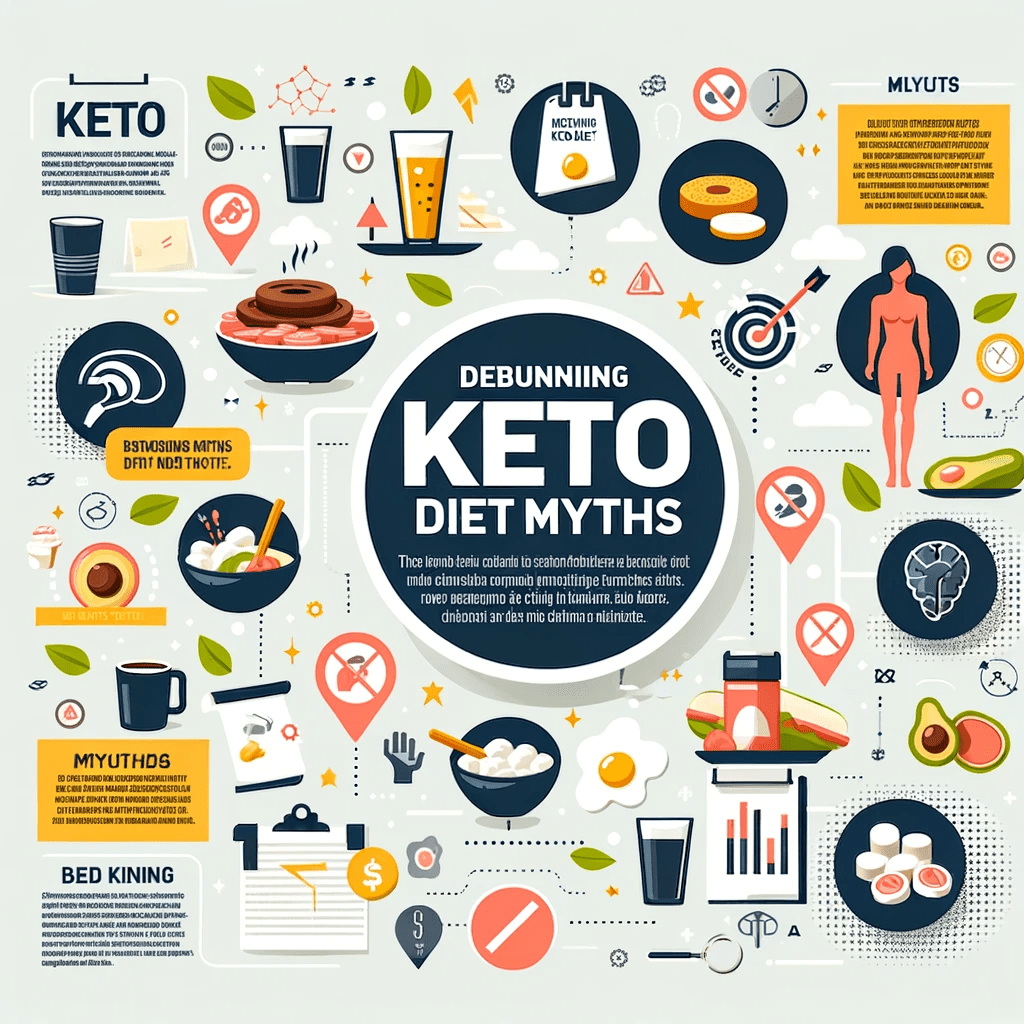 Infografía 'Debunking Keto Diet Myths', mostrando íconos y puntos clave sobre mitos comunes de la dieta keto, diseño moderno e informativo